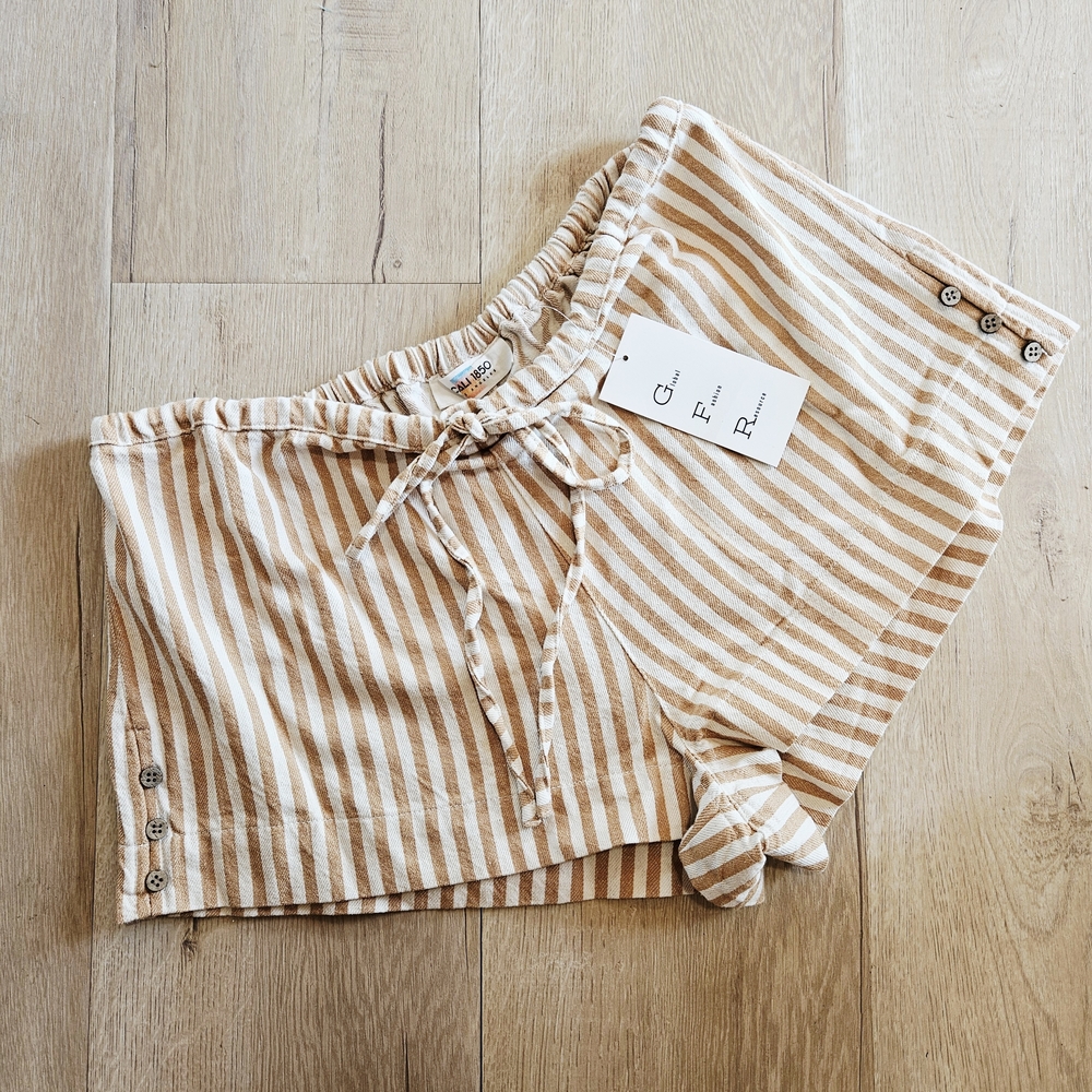 Cotton Beach Shorts By Cali 1850, Tan And Khaki With Drawstring